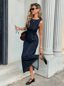 Serisse Women's Round Neck Sleeveless Casual Denim Dress Spring To Summer Valentine's Day Carnival Costume Commuting Vacation Graduation Chic Y2k Cute Streetwear Coquette Party Wedding Elegant Business Casual Woman Women's Sleeveless Dark Wash Denim Midi Dress With Back Zipper And Slit Detail - Blue - View 6