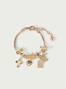 Glisma 1 件 Y2K 串饰手链、1 件十字架串饰手链、复古街头时尚手链、1 件十字架和心形串饰手链、夜光手链 - 金色 - 查看 4