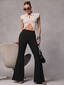 Hauture Women's Simple Office Daily Wool-Like Brushed Woven Flare Pant - Black - View 1