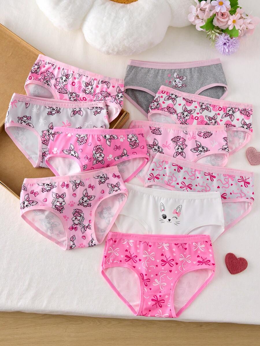 SHEIN 10条/套 女孩可爱卡通豹纹和兔子印花内裤，色彩鲜艳甜美，适合情人节 - 彩色 - 查看 1