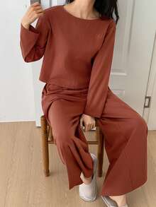 DAZY 极简刺绣字母装饰针织阔腿裤女士家居服套装 - 棕色 - 查看 4