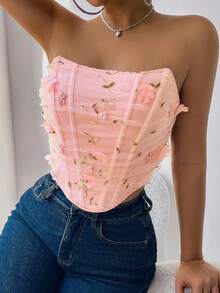 Glamine Women's Embroidered Fishbone Tight-Fitting Fashionable Bandeau Sleeveless Top - Pink - View 5