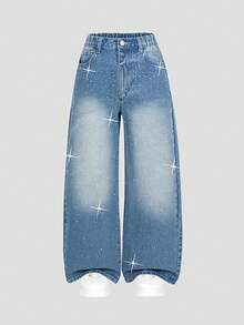 SHEIN Jeans de mezclilla para niñas preadolescentes, nueva colección de verano, casual y cómoda, mezclilla lavada en color azul claro, con aplicaciones de rhinestones, silueta de pierna ancha, tela de algodón suave, adecuada para uso diario, escuela, transporte, reuniones - Azul lavado medio - Ver 4
