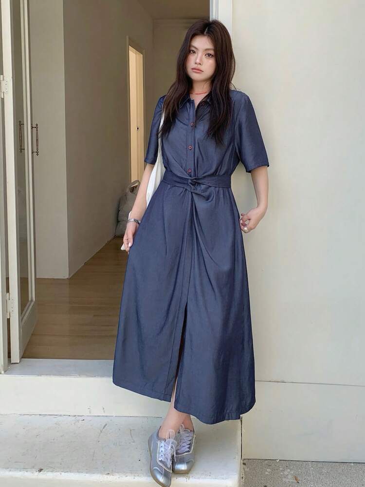 Dazy Plus Plus Size Summer Casual Button Half-Placket Short Sleeve Dress Sundress