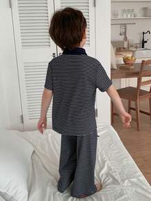 DAZY 男童条纹印花短袖上衣和裤子睡衣套装 - 藏蓝色 - 查看 6