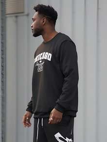 Heavens Edit 男士复古美式圆领卫衣，芝加哥字母印花，休闲街头风，秋冬款，长袖上衣 - 黑色 - 查看 6