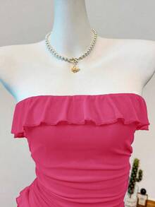 Elamini Top bandeau con volantes sexy para mujeres - Rosa Fucsia - Ver 4