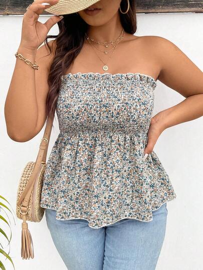 SHEIN Frenchy Plus Size Women Ditsy Floral Frill Trim Bandeau Top Floral Tube Top Summer Tube Top Strapless Tops For Women Ditsy Floral Top Spring Outfit Women Spring Top For Women