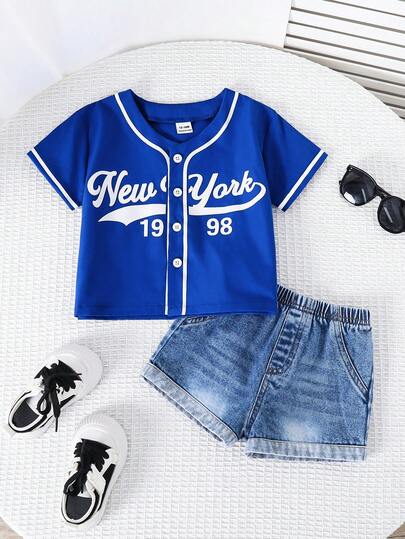 SHEIN 2件套男女宝宝休闲时尚蓝色短袖衬衫和牛仔短裤套装，春夏宝宝服装，套装，街头服饰