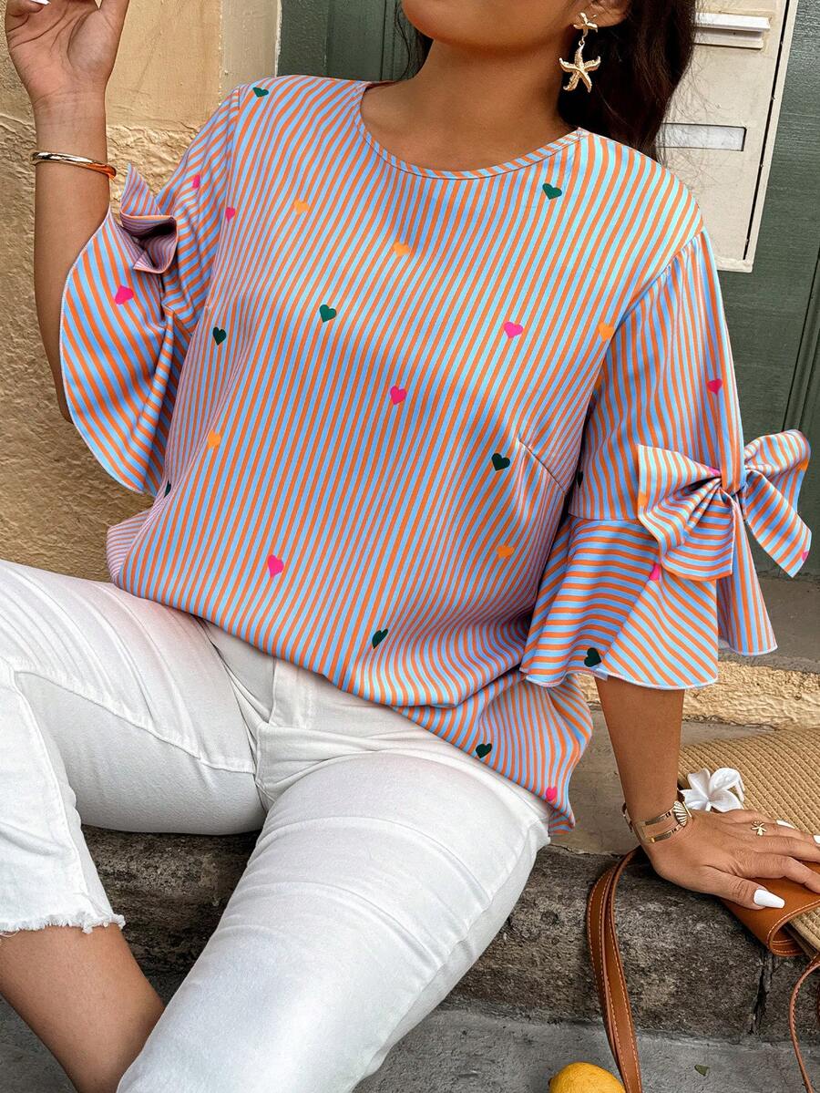 SHEIN LUNE Plus Size Women Summer Casual Vacation Valentine's Day Date Colorful Heart Striped Print Ruffle Sleeve Bow Decor Loose Blouse - Multicolor - View 1