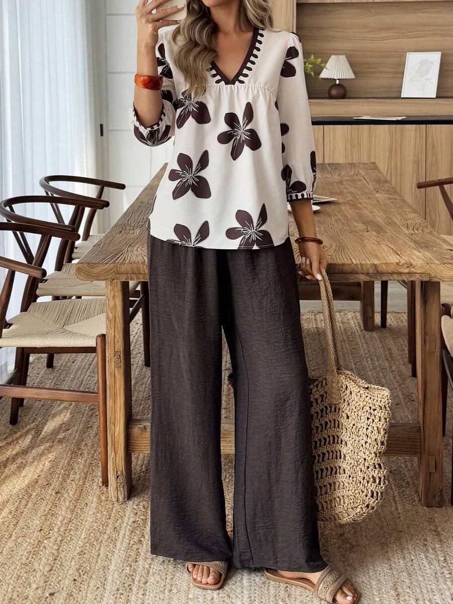 Elouméa 女士休闲度假V领印花短袖衬衫和阔腿裤两件套，春夏款 - 彩色 - 查看 1