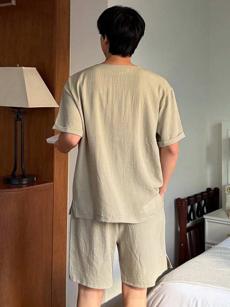 Men's Beige Short Sleeve T-Shirt And Shorts Pajama Set, Summer