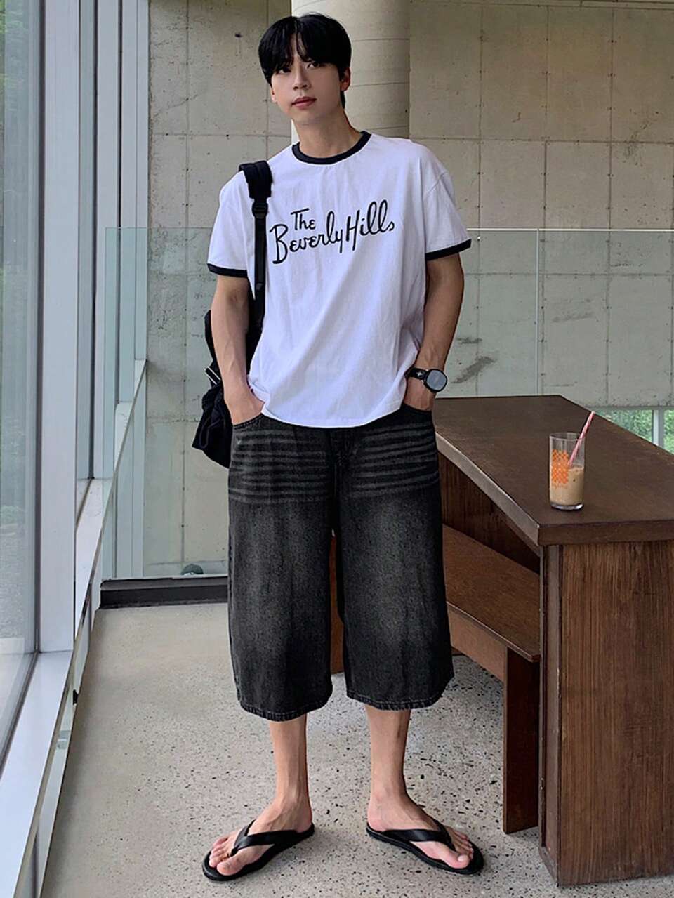 Men's Black Washed Denim Shorts With Belt, Summer