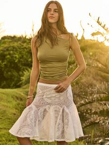 Aralina Blusa casual de mujer con pliegues laterales de unicolor, para verano - Verde Oscuro - Ver 6