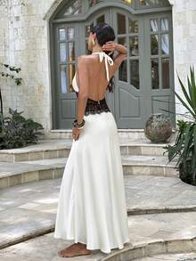 Opulessa 女士纯色蕾丝拼接吊带连衣裙 - 白色 - 查看 2