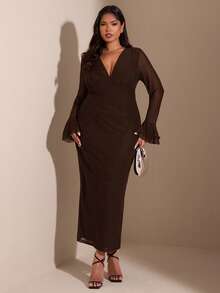 SHEIN BAE 大码优雅撞色网纱V领喇叭袖连衣裙，秋季 - 咖啡棕 - 查看 3