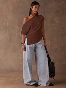 SHEIN BAE Áo thun nữ tay ngắn màu trơn, kiểu dáng thường ngày, vai lệch, thích hợp cho mùa hè. - Cà phê nâu - Xem 5