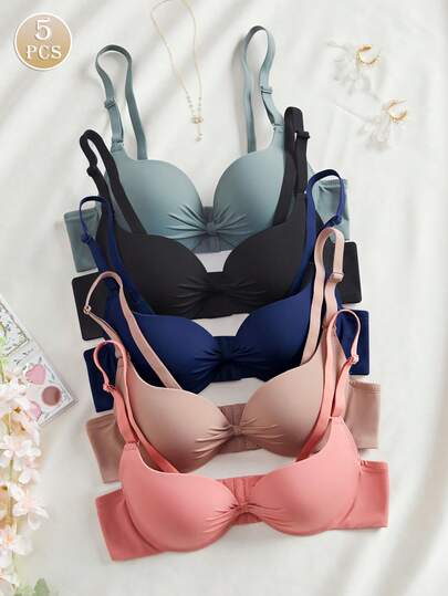 DesireSculpt Set de 5 sujetadores de mujer de unicolor casual con tirantes desmontables, lazo suave y aro de acero de soporte