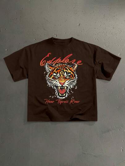 StoneGrade 复古美式摩托车虎头标语印花宽松短袖T恤，男士款，棕色，约会聚会必备，情侣送给男友的礼物