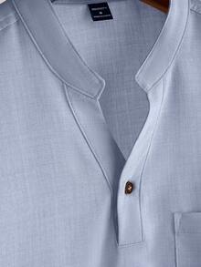 Core Aspect Áo sơ mi nam dáng rộng, màu trơn, cổ chữ V, có túi, kiểu dáng patchwork, không kèm dây chuyền. - Màu xanh lam - Xem 3