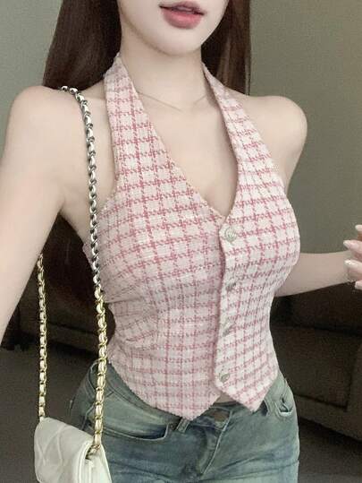 DAZY 情人节粉色格子 V 领露背派对和返校季女士背心