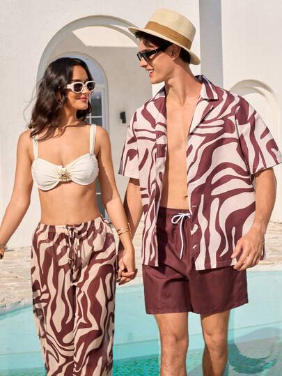 Manfinity VDAYZ Men's Drop Shoulder Short Sleeve Button Front Loose Casual Colorblock Beach Outfit Matching Couple Outfit Couple Beachwear Couple Bathing Suit Set Men And Women Matching Outfit Vacation Couples Beach Wear