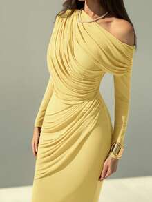 Aloruh Elegant Solid Color One Shoulder Ruched Dress, Casual & Party Wear - Yellow - View 6