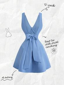 Franclia 女士短款简约时尚蝴蝶结连衣裙 - 藍色 - 查看 2