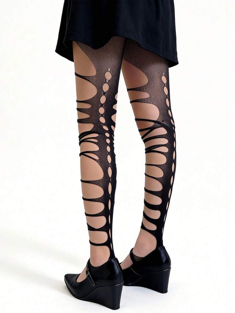 ROMWE Anime 1 Pair Of Spice Girl Personalized Ripped Striped Women's Stockings Bottoming Pantyhose - Black - View 6