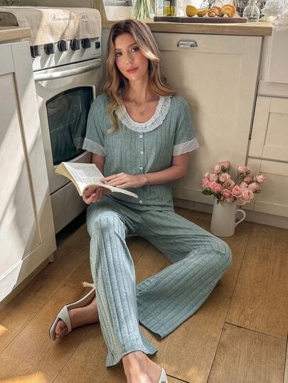 Snug Reverie Women's Casual Knitted Ribbed Embroidered Floral Lace Pajama Set