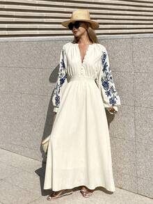 Livesso Women's Raglan Sleeve Printed Waist Cinched Midi Dress, Suitable For Summer Vacation - Beige - View 4