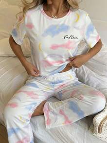 1set Tween Girls Pajamas Set, Fashion New Cloud, Star & Moon Print Short Sleeve Top And Pants, Sleepwear Soft Pajamas Set - White - View 7