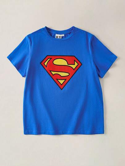 SUPERMAN X SHEIN Tween Boy Letter Graphic Round Neck Short Sleeve T-Shirt