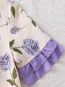 Teen Girl Short Sleeve Round Neck Digital Print Purple Floral, Comfortable Home Dress With Purple Ruffle Hem Design - Apricot - View 6