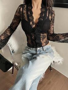 DAZY Women's Fashionable Sexy Sheer Lace Blouse,Going Out Tops For Women - Black - View 5