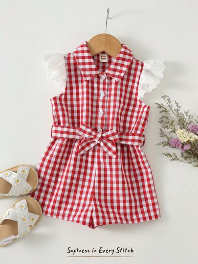 Cozy Pixies 女婴条纹图案撞色荷叶边领无袖连体短裤，百搭舒适