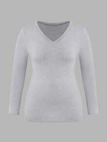 SHEIN CURVE+ 3件套加大码女式V领叠穿长袖套装，3件装上衣，紧身V领上衣，女式长袖上衣衬衫套装 - 彩色 - 查看 4