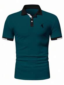 Manfinity Mode Men's Contrast Trim Casual Versatile Cotton Short Sleeve Polo Shirt Golf Shirt, Formal Holiday, Ceremony - Teal Blue - View 3