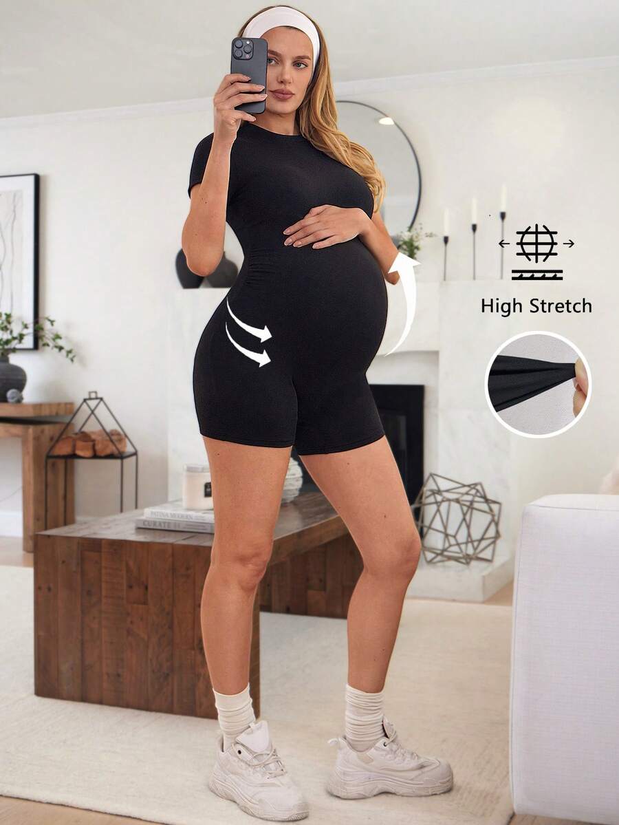 SHEIN Maternity Solid Color Round Neck Short Sleeve Casual T-Shirt And Shorts Set, Summer Outfits,, Summer Outfit For Women - Black - View 1