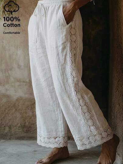 Balvessa Pantalones casuales de algodón con bolsillo bordado para mujer