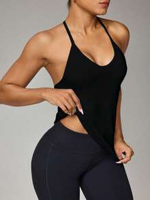 Seamluxe SHEIN Sport 女式纯色日常健身挂脖背心 - 黑色 - 查看 4