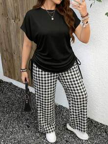 EMERY ROSE 两件套休闲简约系带纯黑色上衣搭配黑白格纹长裤，适合夏季穿着，尺码齐全。 - 黑與白 - 查看 5