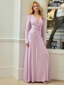 MOTF PREMIUM DEEP V-NECK LACE PATCHWORK CINCHED WAIST COMFORTABLE LONG SLEEVE DRESS FOR WOMEN, SPRING/SUMMER - Purple - View 6