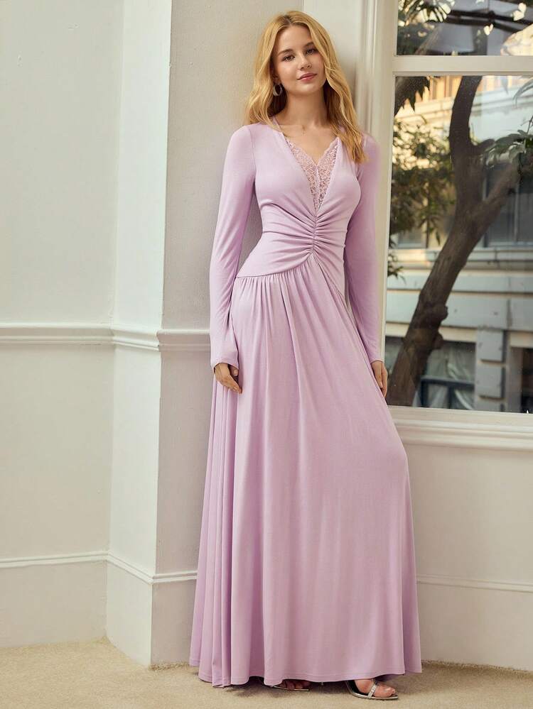 DEEP V-NECK LACE PATCHWORK CINCHED WAIST COMFORTABLE LONG SLEEVE DRESS FOR WOMEN, SPRING/SUMMER