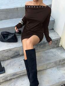 Siren Gaze 女士纯色斜肩镂空设计长袖时尚迷你连衣裙 - 咖啡棕 - 查看 6