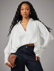 NYA SZN Top Long Sleeve Button Up Collar Bubble Hem White Cold Weather Valentine's Day Easter Spring Summer Beach Vacation Travel Office Business Outfits For Women - White - View 3