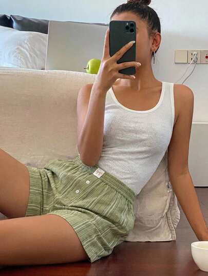 DAZY 女士纯色圆领吊带背心和条纹短裤睡衣套装