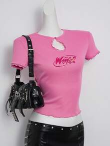 The Winx X SHEIN 女士休闲日常通勤字母印花撞色蕾丝镂空领修身短款T恤，夏季 - 粉色 - 查看 1