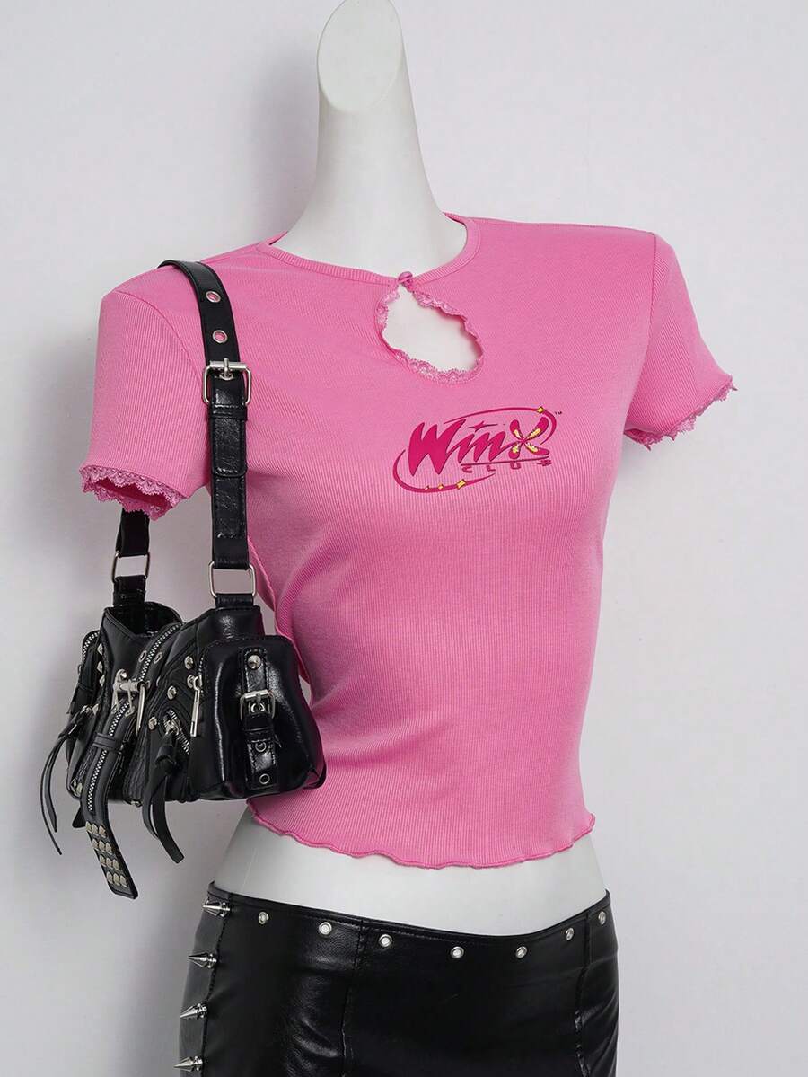 The Winx X SHEIN 女士休闲日常通勤字母印花撞色蕾丝镂空领修身短款T恤，夏季 - 粉色 - 查看 1