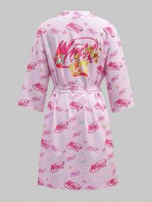 The Winx X SHEIN Women's Letter & Cartoon Figure Graphic Belted Robe - Pink - View 6